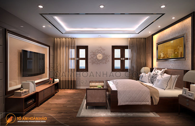 Nội thất phòng ngủ hoàn toàn là chất liệu gỗ với tone nâu trầm ấm cúng