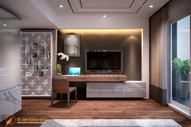 Kệ tivi kiêm góc làm việc gọn gàng, thiết kế kệ chữ thập khá đặc biệt cho căn phòng thêm thu hút
