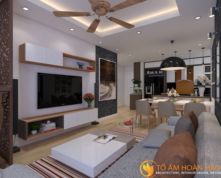 Nội thất phòng khách vô cùng đơn giản với phương án tối giản trong đường nét