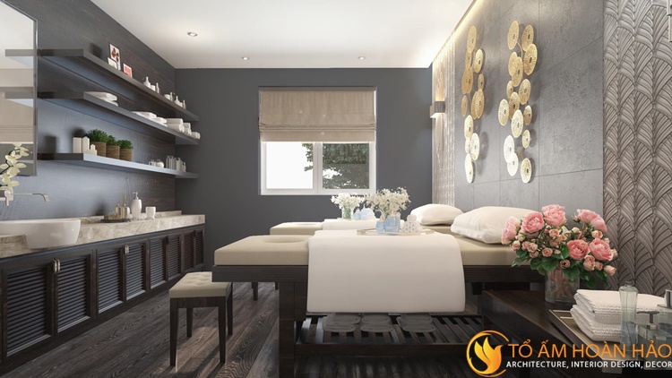 thiết kế nội thất spa Phòng trị liệu đôi có thiết kế nhẹ nhàng và thanh lịch với tone màu xám ghi