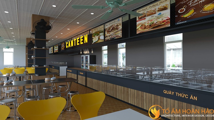 Quầy thức ăn với các dòng chữ hướng dẫn người dùng và bảng menu rõ ràng