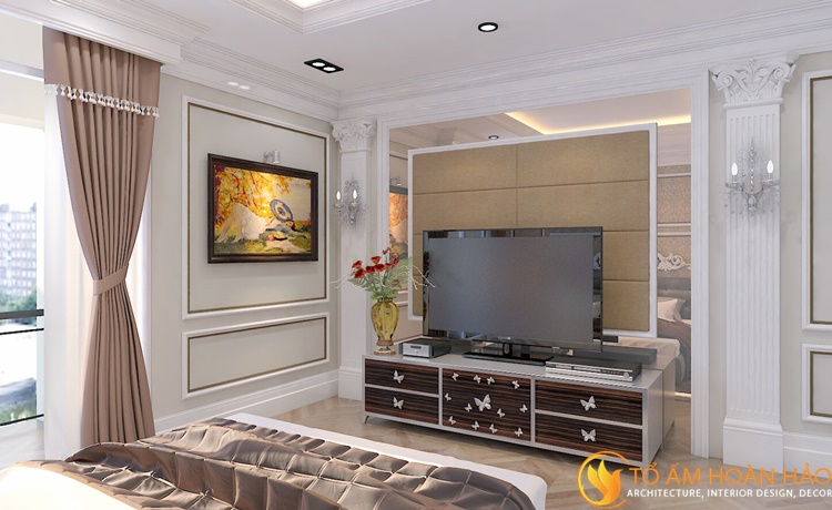 Kệ tivi gỗ thiết kế đơn giản với điểm nhấn là các họa tiết bướm trắng nổi bật