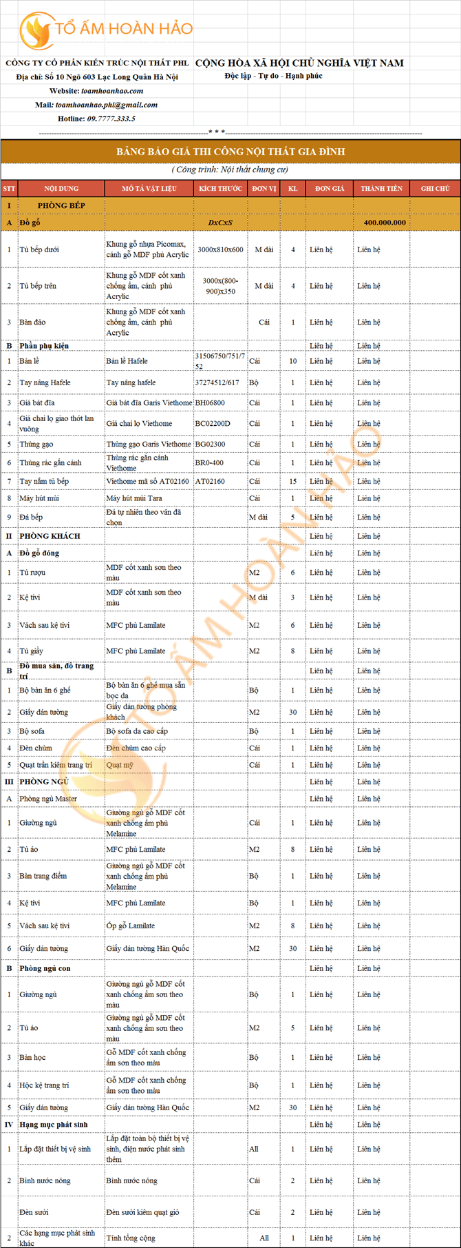 Gói nội thất hoàn thiện 400 triệu 2 phòng ngủ
