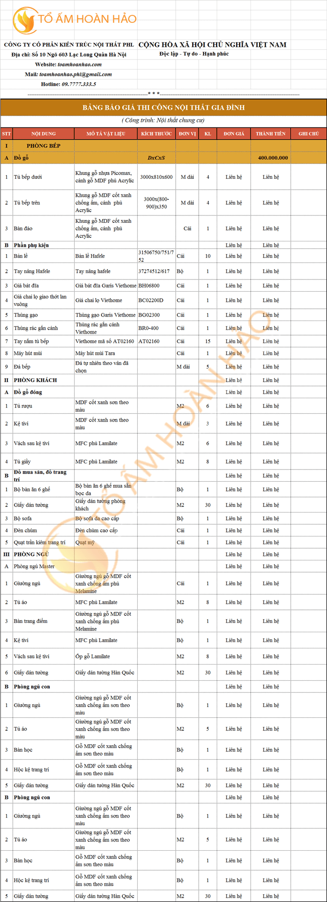 Gói nội thất hoàn thiện 400 triệu 3 phòng ngủ